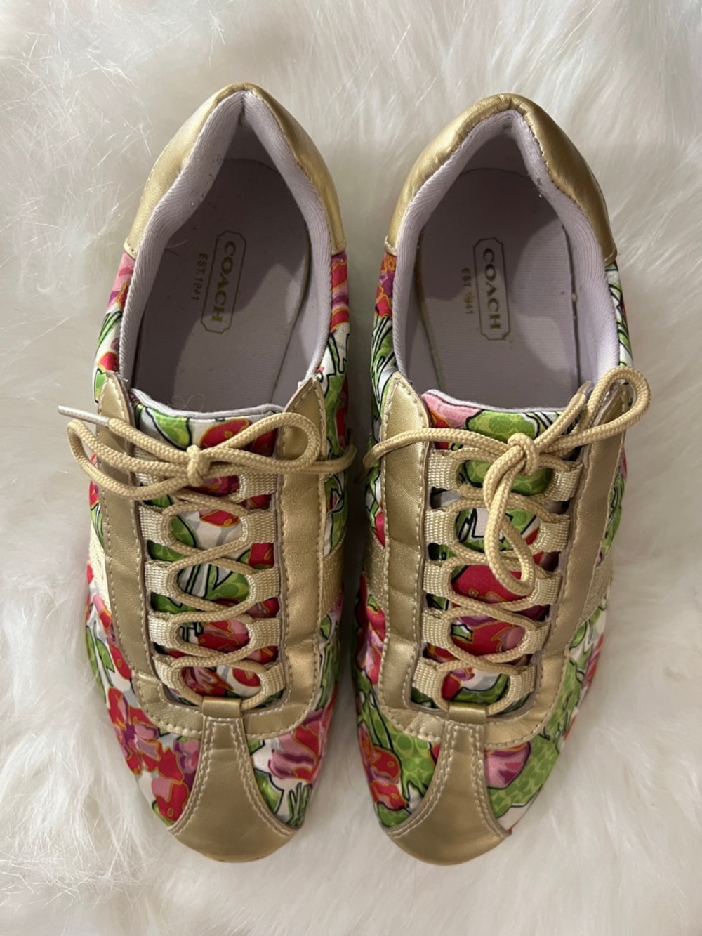 🌹🌺🌻🪷COACH Gold Floral Lace-Up Sneakers - Pink, Green, Gold - Picture 3 of 7